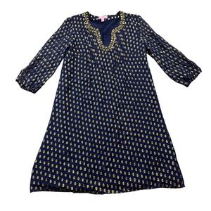 Lilly Pulitzer Size 0 Navy Blue and Gold Silk Colby Tunic Dress